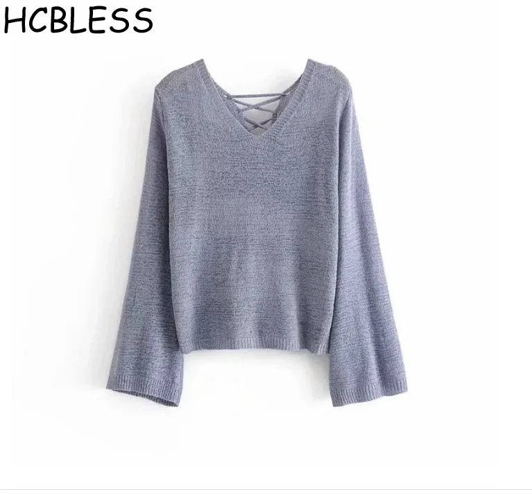 HCBLESS Women sweater 2018 Autumn New front and rear V-neck tie rope thin versatile casual top | Женская одежда
