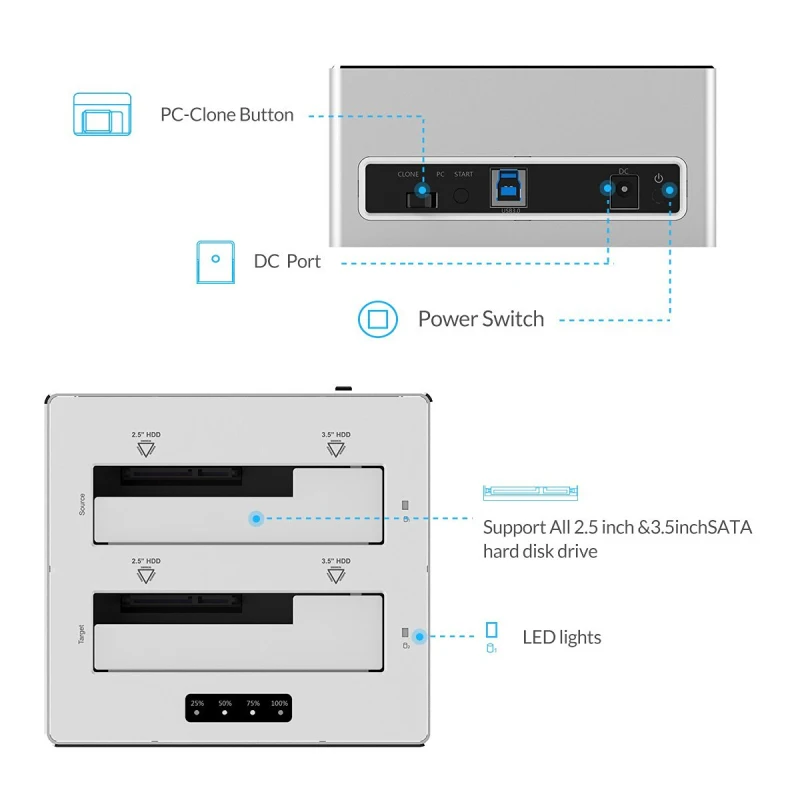Док станция ORICO с USB 3 0 на SATA алюминиевая док двумя отсеками для HDD 2 5/3 5 дюйма SSD ОС