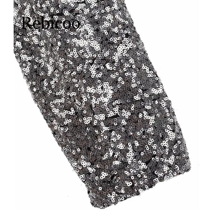 

2019 Women Thin Jacket Coat Long Sleeve Lapel Coat Patchwork Bling Silver Black Sequin Elegant Work Blazers Suit feminino