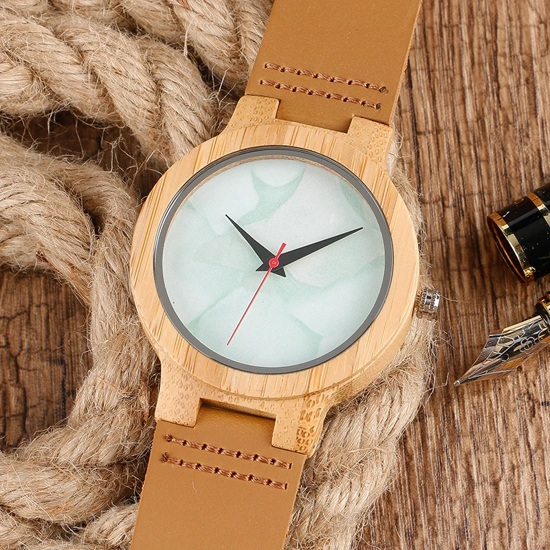 

Men's Watch Natural Wood Watch Genuine Leather Band Creative Marble pattern Dial Exquisite Watch Green White Ladies Simple Clock
