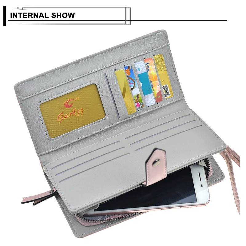 Ladies Wallets Long Zipper Phone Zipper Bag PU Leather Credit Card Wallet Casual Coin Clutch Wristlets Women Solid Cards Purses
