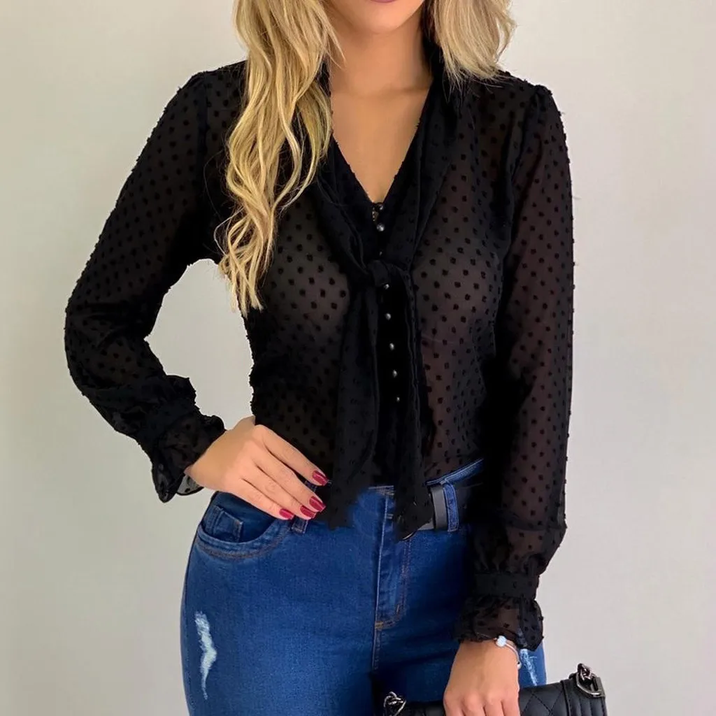 White Blouse Long Sleeve Chiffon Sheer Mesh Tieup Dot See Through Top Shirt Lady Plus Size Blusas Camisa z0708 | Женская одежда
