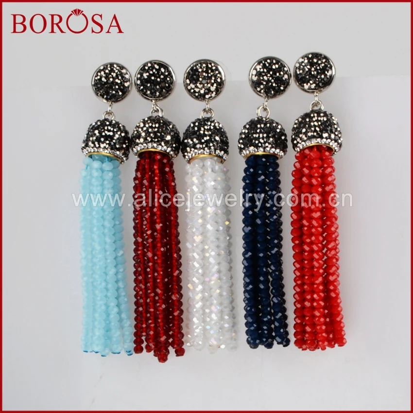 

BOROSA dangle earrings for women, rhinestone whole pave black beads studs with multi color long tassel beads drop earring JAB520