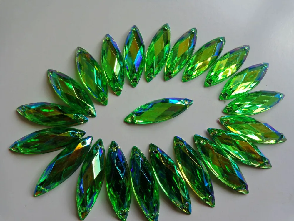 100 штук свободных драгоценных камней светло-зеленого цвета в форме гребня с плоской задней частью для пришивания 8*26 мм, аксессуары из кристалла для ручного шитья.