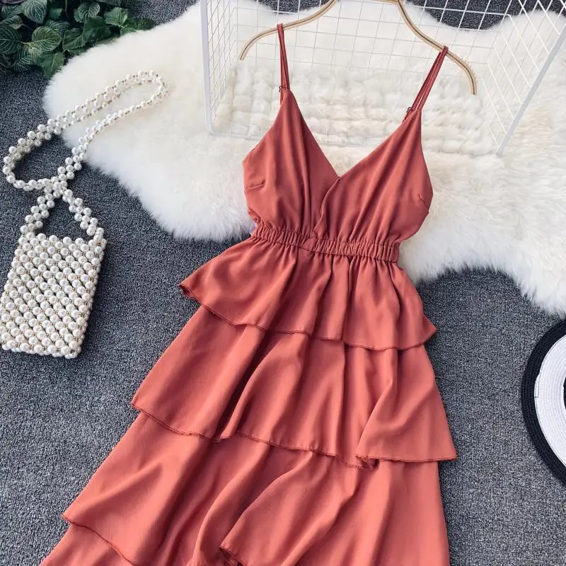 HISUMA летнее Новое Женское платье с v-образным вырезом и высокой талией, многослойное платье с оборками, женское платье с v-образным вырезом, элегантные шифоновые многоуровневые платья