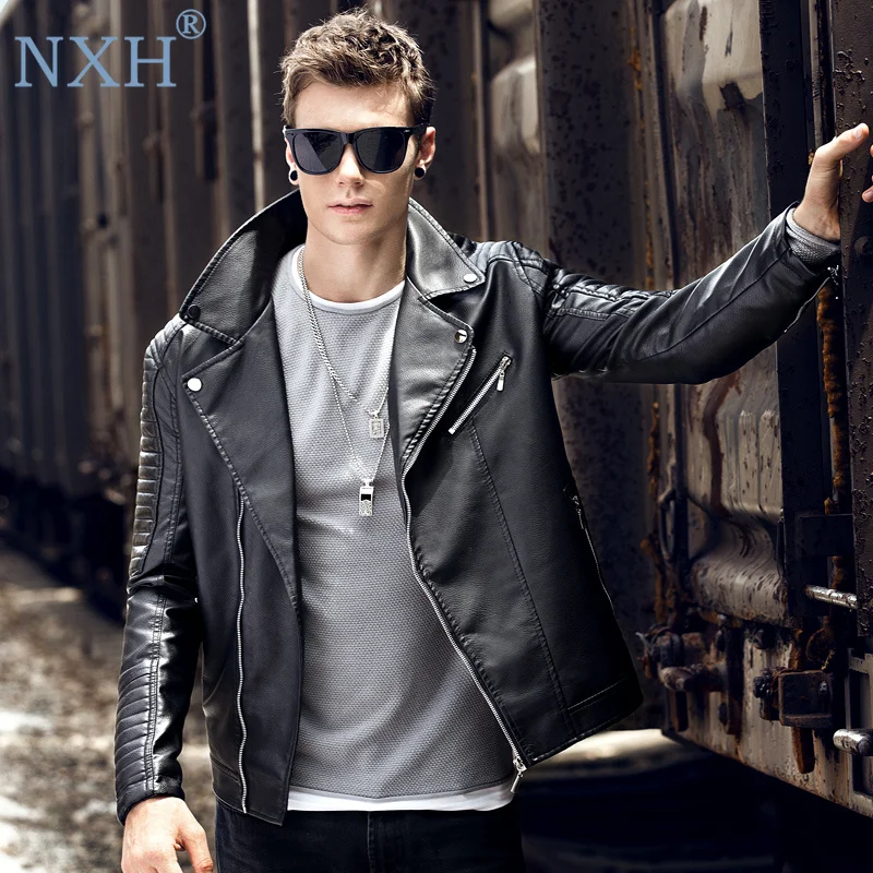 NXH Мода Turn-Down Воротник искусственная кожа Jaket мужчины мото &amp байкер Мужские