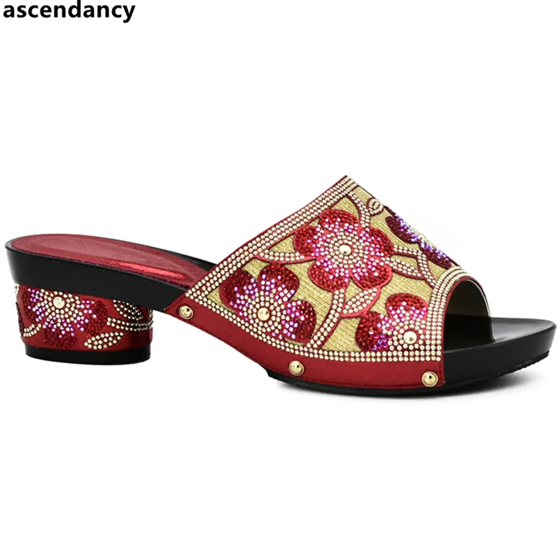 

Женские свадебные туфли Стразы красного цвета, высококачественные туфли в африканском стиле, пикантные туфли с открытым носком, итальянские женские свадебные туфли-лодочки