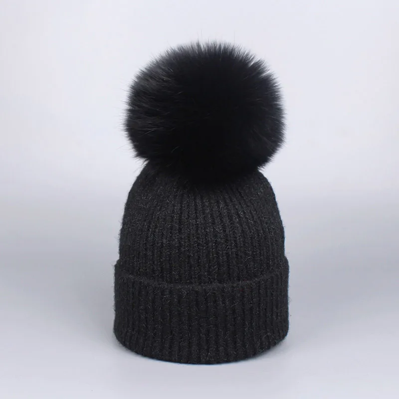 T Для девочек Pom Beanie теплая вязаная Bobble меховым помпоном шапка и шарф комплект натуральным лисьим мехом помпоном зимняя шапка skullies - Цвет: T