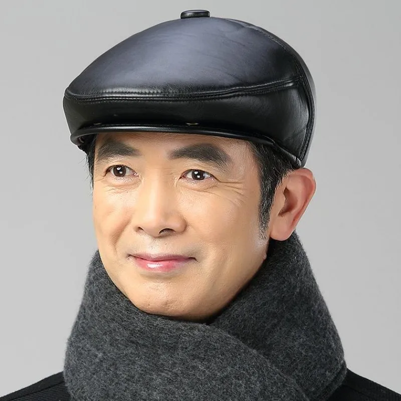 Мужской зимний теплый берет из ПУ кожи|Бейсболка с регулируемым козырьком| |
