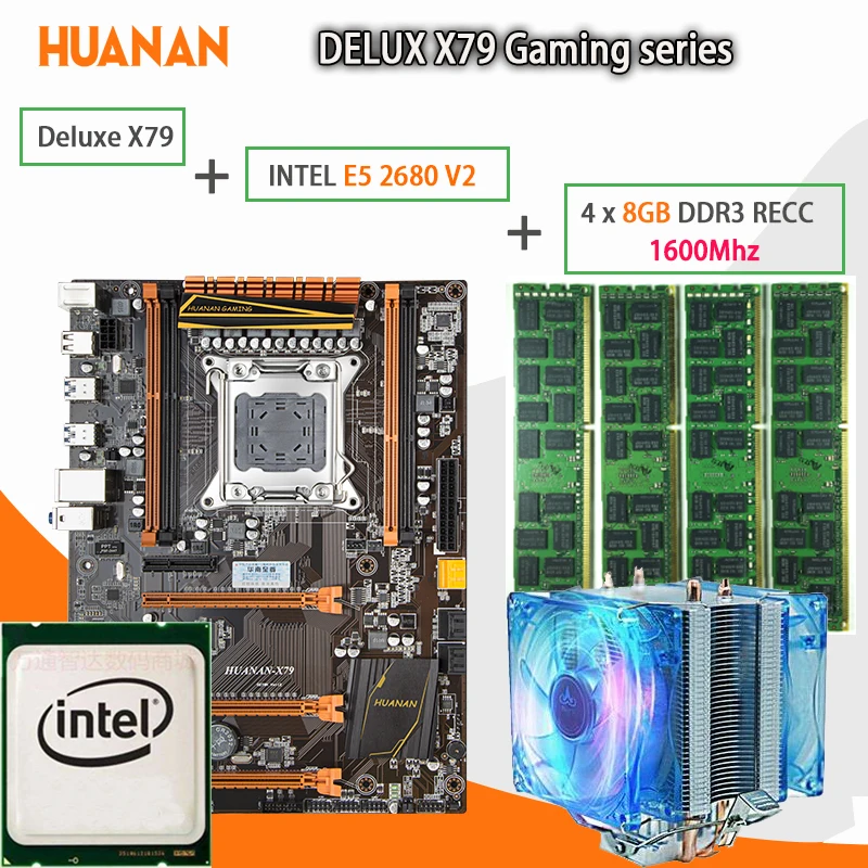 Игровая материнская плата huanan Zhi Deluxe X79 LGA 2011 ATX cpu E5 2680 V2 SR1A6 4x8G 1600 МГц 32 ГБ DDR3 RECC память с кулером