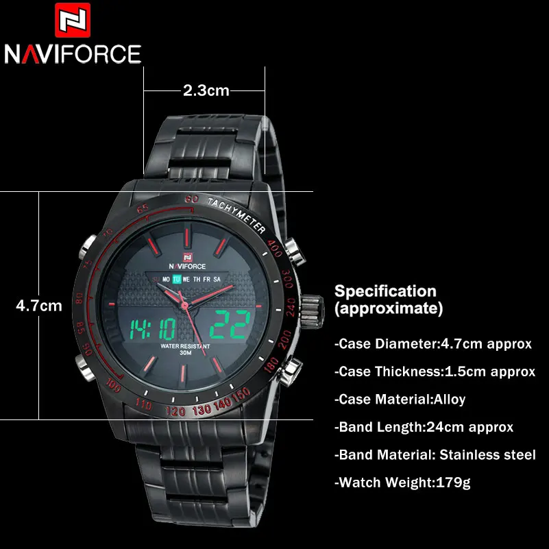 Часы NAVIFORCE мужские спортивные водонепроницаемые из нержавеющей стали аналоговые