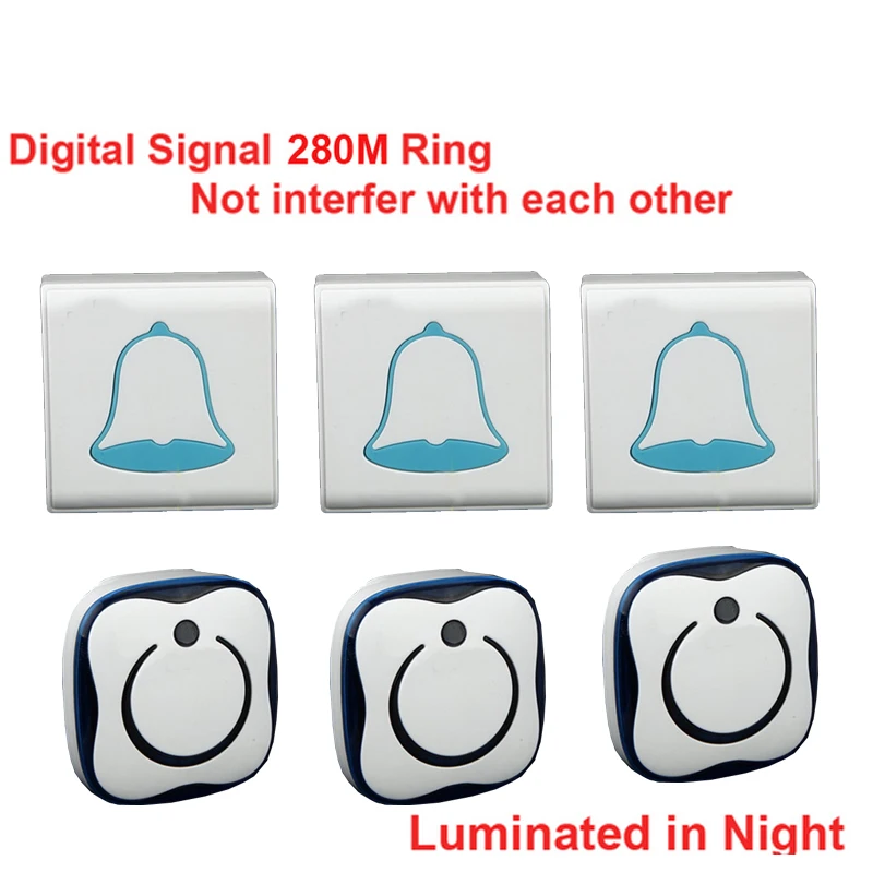 

280 Meter & 5 Wall Penetrate Cordless Door Bell Set With 3 Push +3 Receivers Wireless Doorbell Music Ring Chime