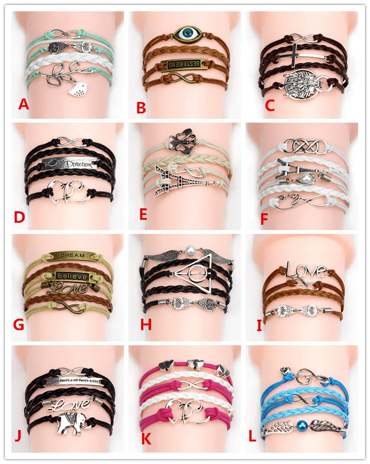 Double bird best friend vintage charm jewelry 2016 girls' fashion cheap leather multi-tier strand bracelet MFB069 mixed 12pcs |