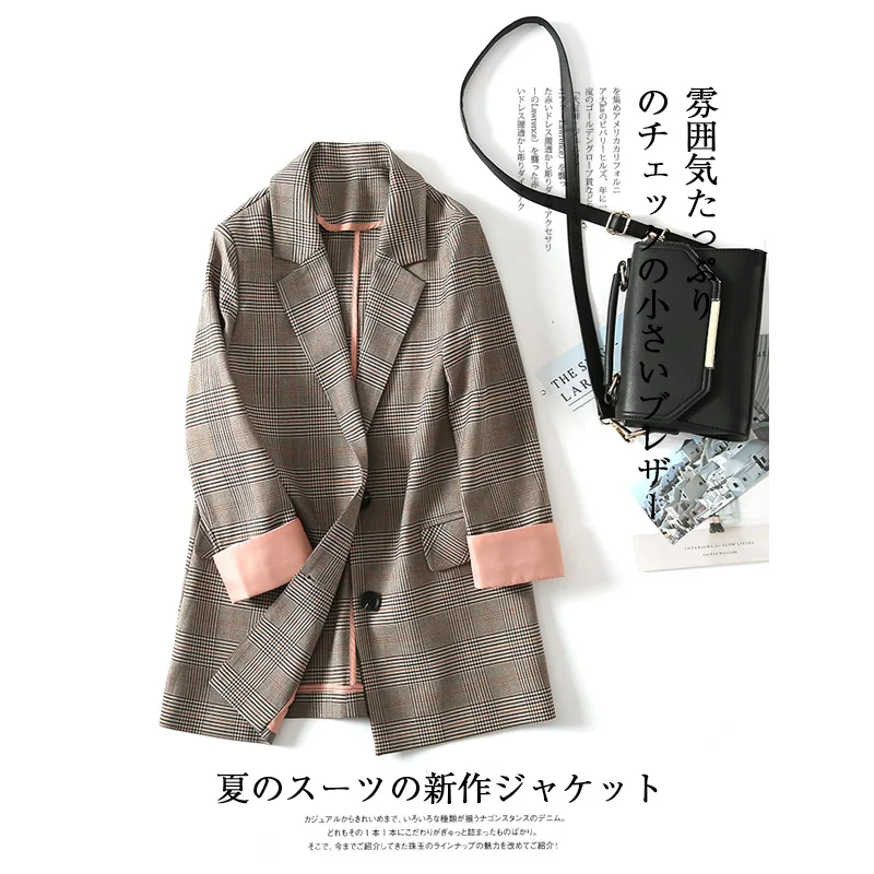 

autumn Women Casual suit Blazer Pockets Jackets Female Single-breasted Suits Work Coat Feminino Vintage Office lady plaid Suits