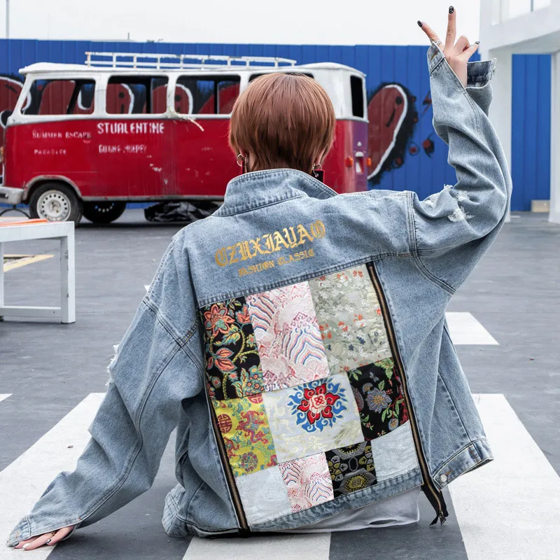 2019 Spring Denim Embroidery Jacket Women Holes Patch Designs BF Style Jackets Spliced Jean | Женская одежда