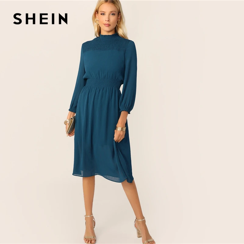 SHEIN Стильное Платье Со Стоячим Воротником Женское Синее Классическое Платье С Длинными Рукавами