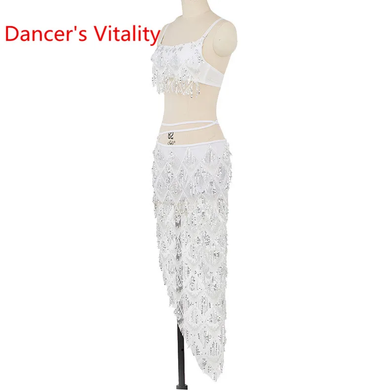 Женская одежда для танца живота Bling Bling Sequins Танцевальный костюм Бюстгальтер+ бедро полотенце 2 шт. Латинский танец длинный шарф платье Костюм Модная одежда