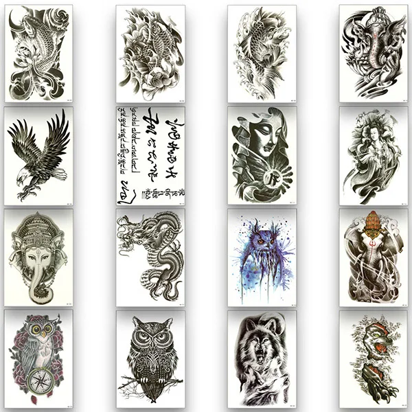 16 different pattern Временные татуировки стикер одноразовые водостойкие татуировки Сова волк, Дракон Черная водопереводимая бумага буддизм мода искусство тела - Цвет: 16 different pattern