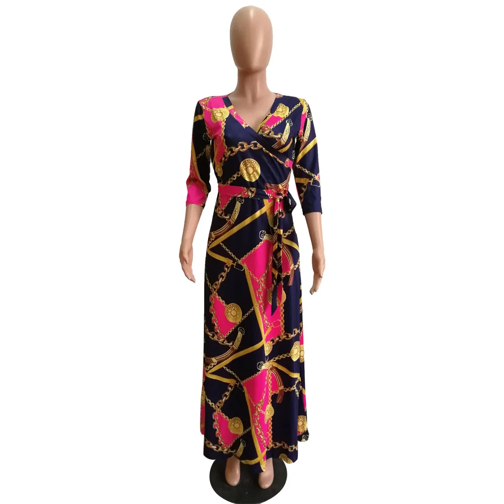 2019 women summer vintage chain notched v-neck three quarter sleeve maxi dress party beach bohemian long dresses 3 color YM-8349 | Женская