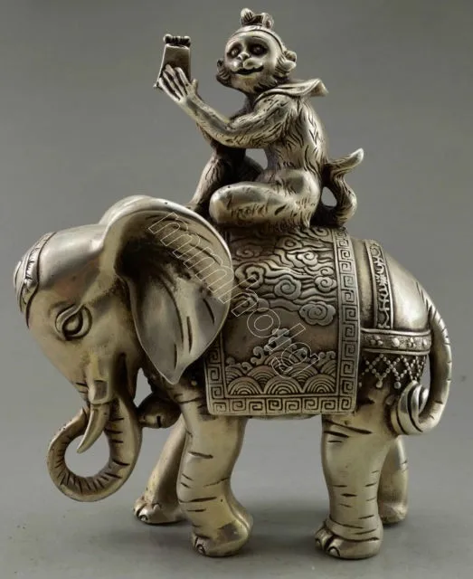 

decoration white Copper silver factory Collectible Old Decorate Tibetan Silver Monkey Hold Seal Sitting on the Elephant Statue