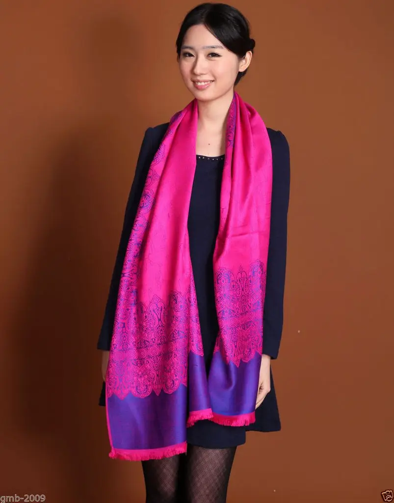 Elegant Women's Fuchsia Double Side Floral Pashmina Silk Warm Shawl Scarf | Аксессуары для одежды