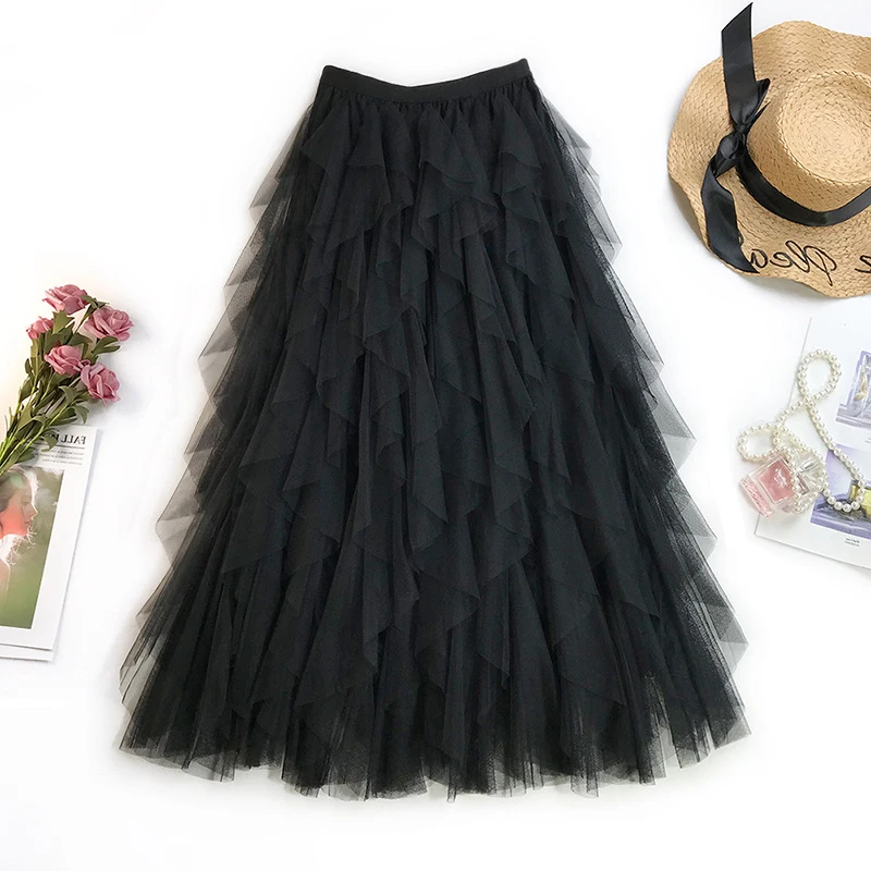 

2019 Fairy Net Yarn Half-length Skirt Gentle Elegant Korean Beach Resort Fish Tail Lolita Style Ball Gown Tulle Skirt Tutu Skirt
