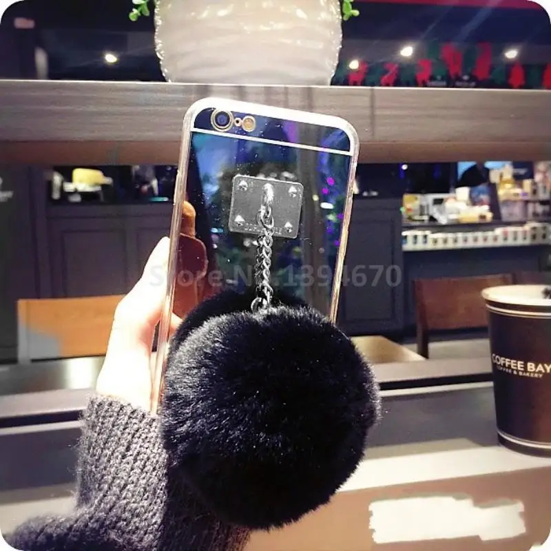 Silver Black Ball Для iPhone 11 Pro XS MAX XR 6 6S 4 5 5S 5G SE 7 8 S X plus 6plus 7P чехол с зеркальной кисточкой Мягкий Пушистый Теплый искусственный мех кролика помпон - Цвет: Silver Black Ball