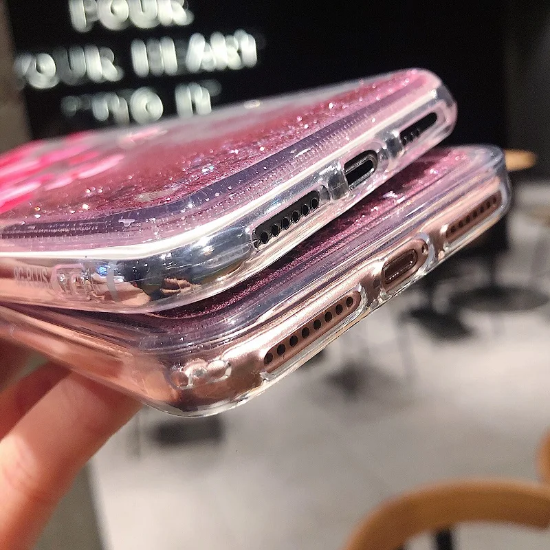 Glitter Flowing Transparent Bling Pink Flowers At The Top Right Corner Around Camera For iphone 6 6S 78 Plus X XS XR XSMAX | Мобильные