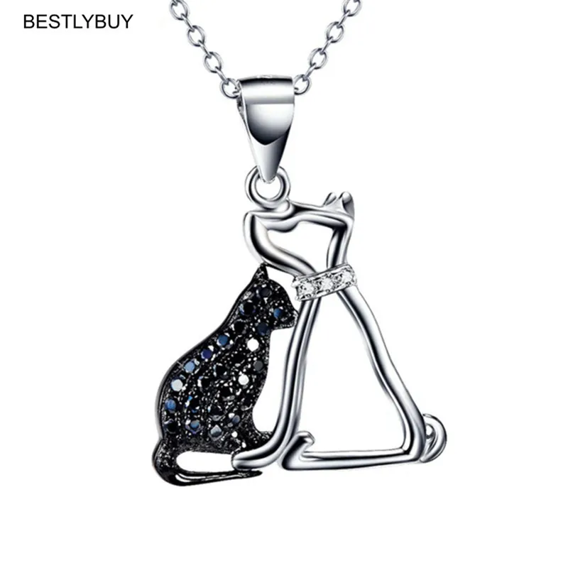 

BESTLYBUY подлинное серебро 925 пробы ожерелье Черный фианит кошка и ожерелье с подвеской для собак подарок на День святого Валентина для женщин