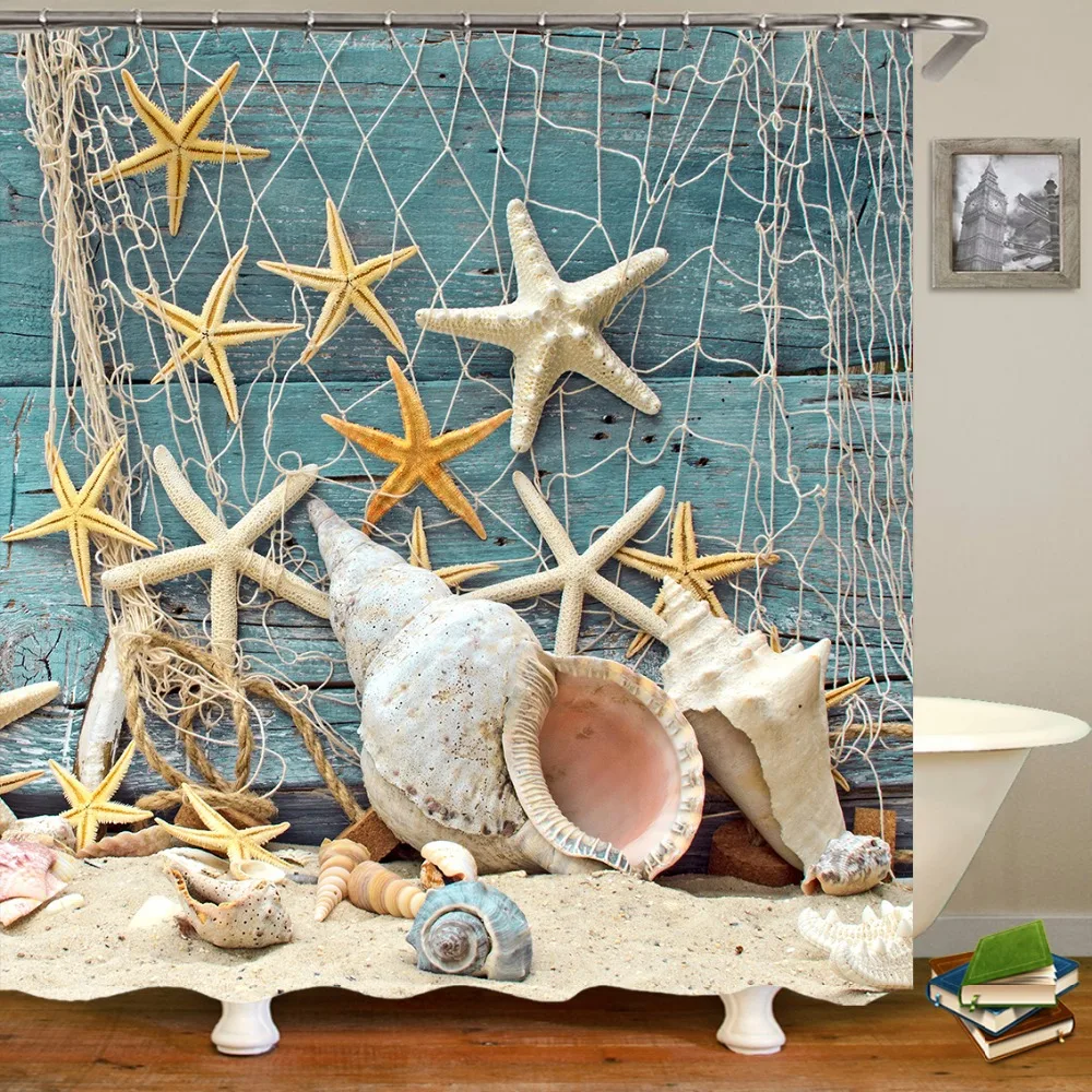 

Novelty Starfish Beach Conch Shower Curtain Funny Modern Ocean Sea Shell Bathroom Bathing Curtains Nautical Mediterranean Decor