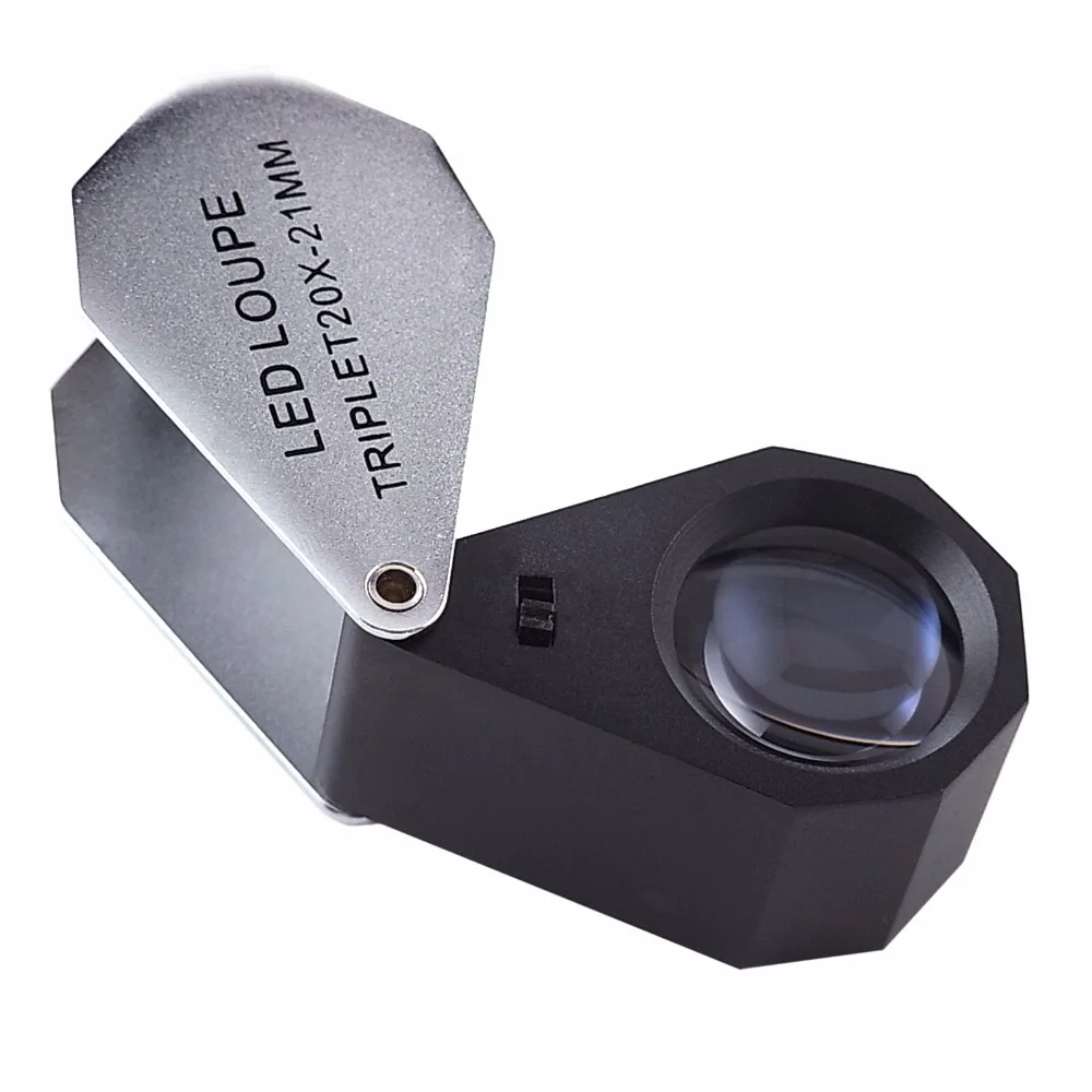 

20X Magnification Foldable Foldaway Jeweler Loupe Magnifier + 6 LED light + 21mm Triplet Optical Glass Lens