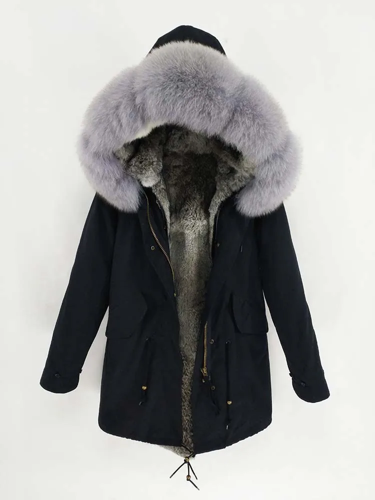 fox fur collar Непромокаемая парка Зимняя куртка Для женщин Настоящее меховое пальто Натуральный воротник Натуральный Мех кролика Длинная одежда для улицы - Цвет: fox fur collar