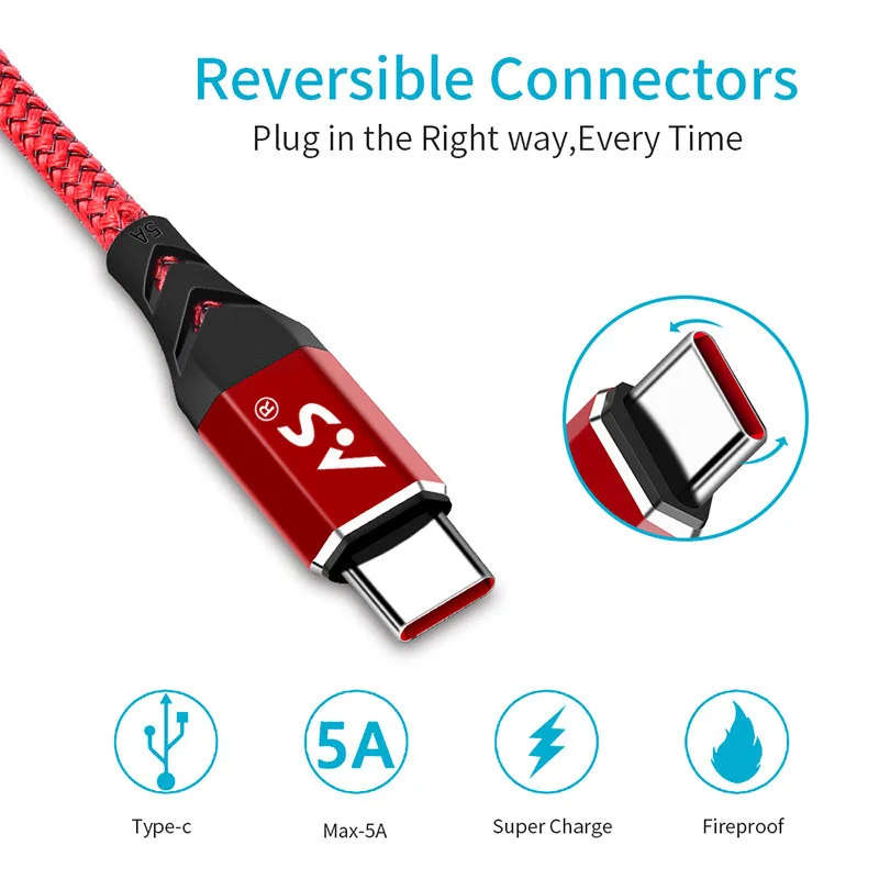 A.S Type C Cable USB 3.1 Fast 5A Charge Data Android Quick Charging for Xiaomi Mi 8 SE Huawei P20 Pro Samsung Cord Wire | Мобильные