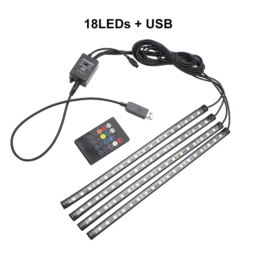 18LEDs USB RGB Светодиодная лента, светильник для автомобиля, атмосферная лампа, 9/18 светодиодный s музыкальный ритм, звуковой контроль, атмосферный светильник, автомобильная лампа для ног, USB/сигарета - Испускаемый цвет: 18LEDs USB