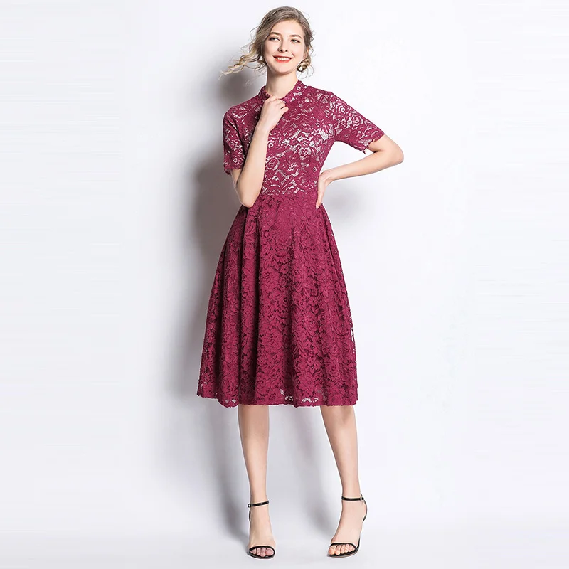 Willstage Красные кружевные платья для женщин короткий рукав цветочный рисунок