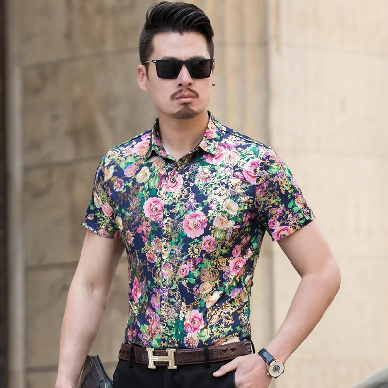 2018 модная мужская рубашка тонкая с коротким рукавом и цветочным рисунком Мужская