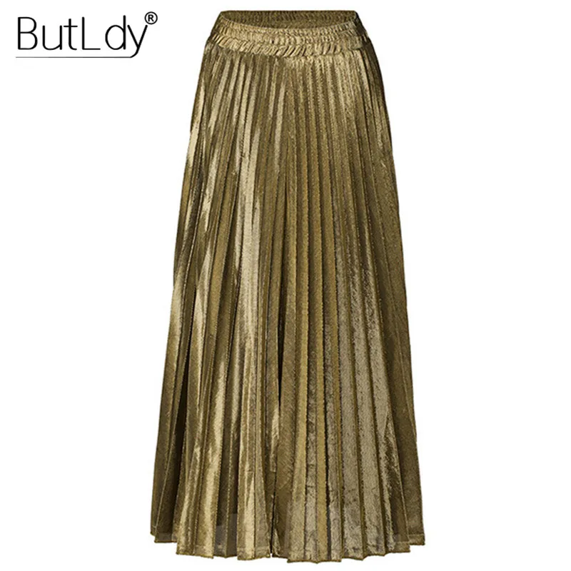 

2019 Summer Shiny Gold Pleated Skirt Women Silver Metallic Long Beach Party Skirts High Waist Casual Vintage A-Line Skirt Female