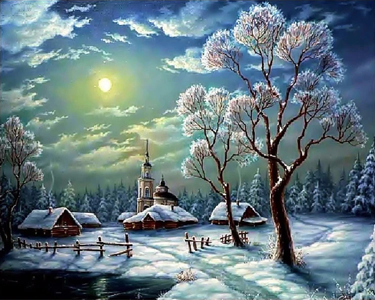 Зимний пейзаж, полная Алмазная вышивка, Рождественский Снежный Ночной пейзаж, бисер, Набор для вышивки крестиком, украшение дома YD
