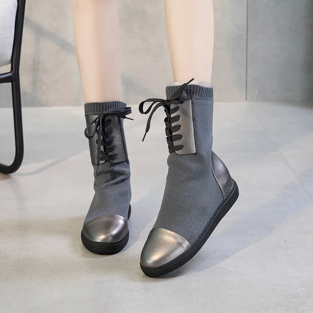 Grey Women's Boots Autumn Winter Genuine Leather Mid-Calf Boots For Woman Winter Shoes Ladies Black Flat Boot Autumn Casual Shoe - Цвет: Grey