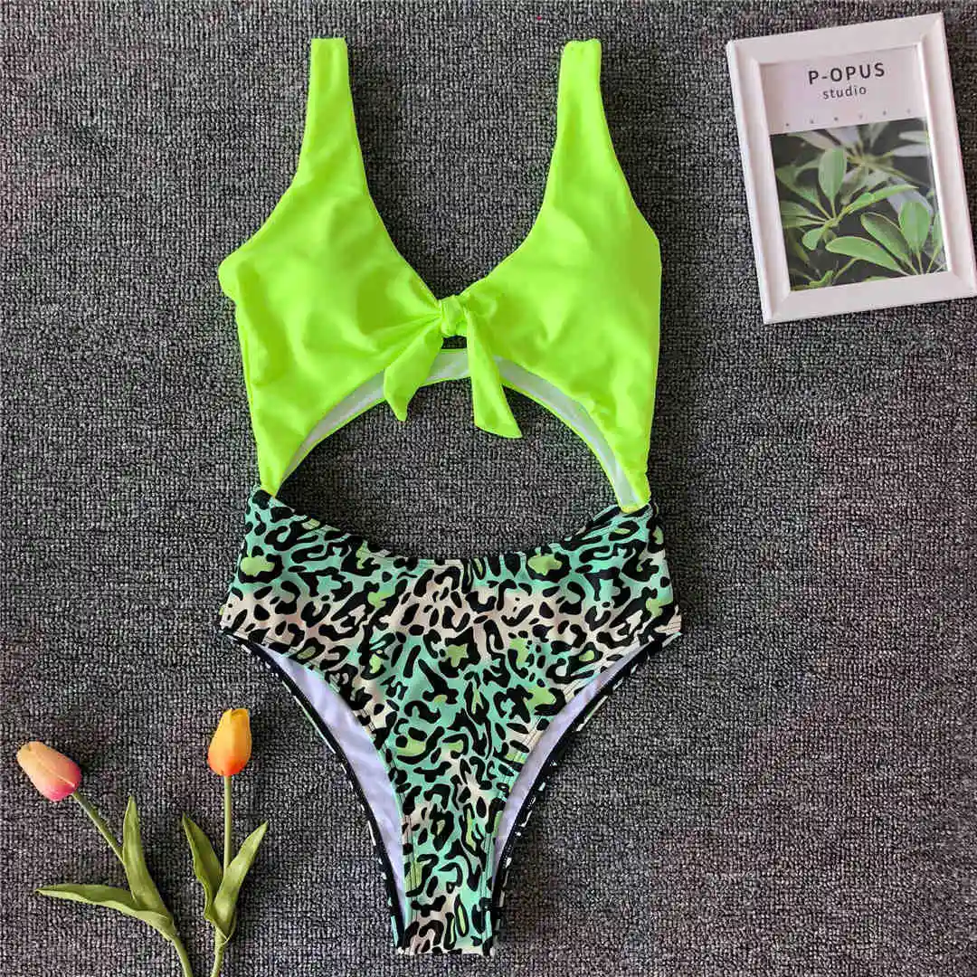 Neon Green 5 цветов, цельный купальный костюм с узелками и вырезами,, женская одежда для плавания, женский купальный костюм с высокой талией, купальный костюм, одежда для плавания, монокини, V1392G - Цвет: Neon Green