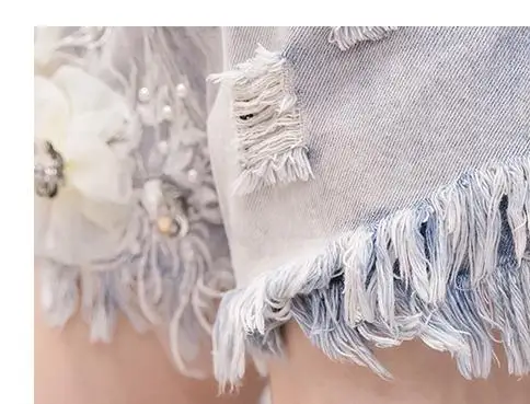 Summer Korean Womens Female High Waist Wide Leg Tassel Embroidery Flower Denim Shorts Woman Pearls Ripped Jeans | Женская одежда