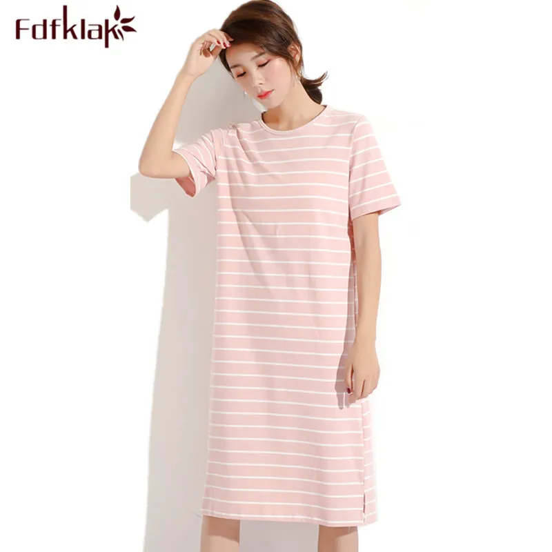 Fdfklak Women nightgown short sleeve summer nightshirt casual cotton night gowns female striped dress ladies sleepwear | Женская одежда