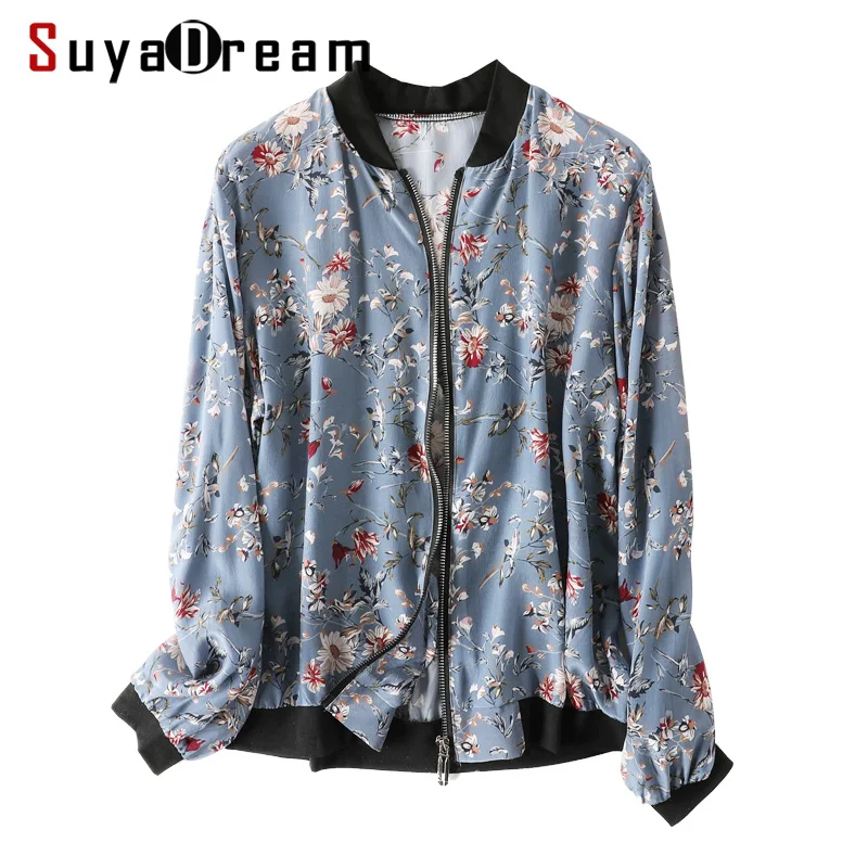 SuyaDream Женская куртка 100% натуральный шелк креп повседневная на молнии с цветочным