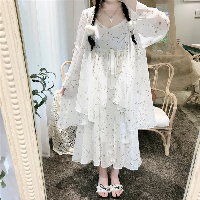 Платье Лолиты Kawaii платье для женщин японская милая Лолита позолоченное платье на бретелях+ солнцезащитное пальто куртка из двух частей милый