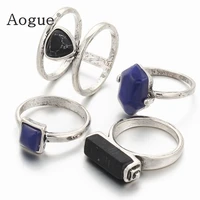 4 pieces retro bohemian rings set lmitation black and blue white stone carved midi ring set boho ring set