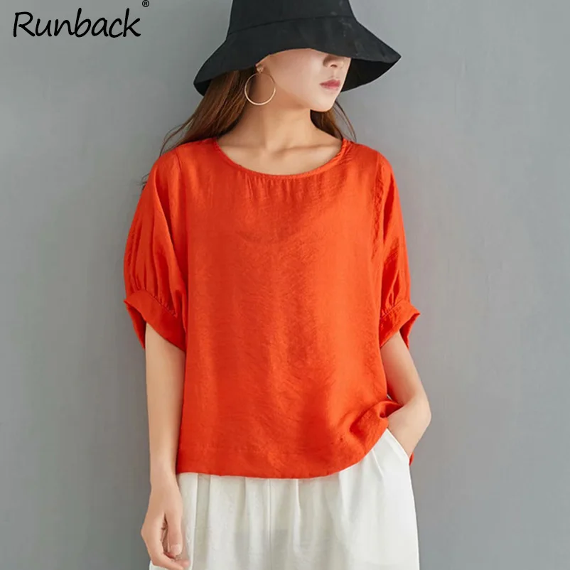Блузка Runback Женская белая хлопковая льняная рубашка большого размера с рукавом