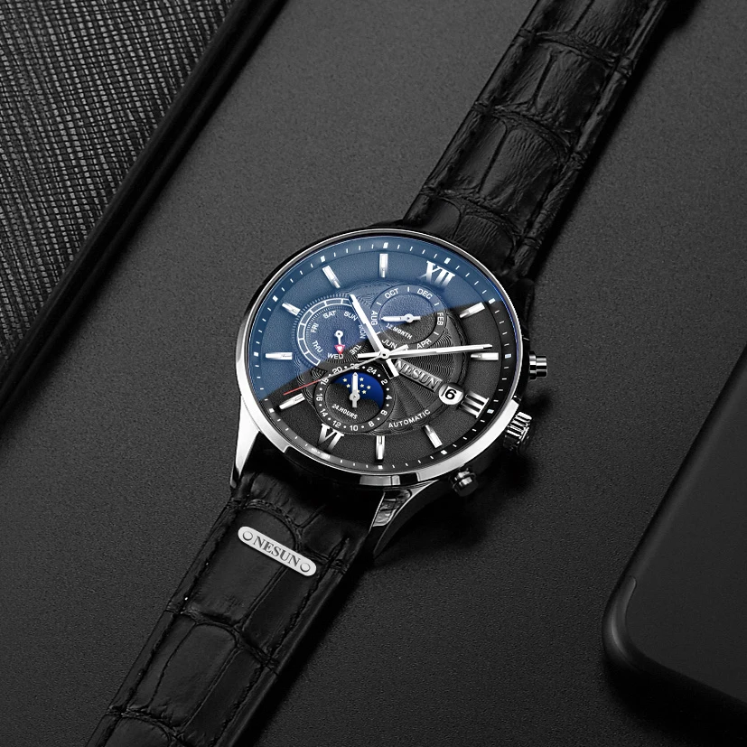 Автоматические часы NESUN модные водонепроницаемые мужские с датой неделей луной