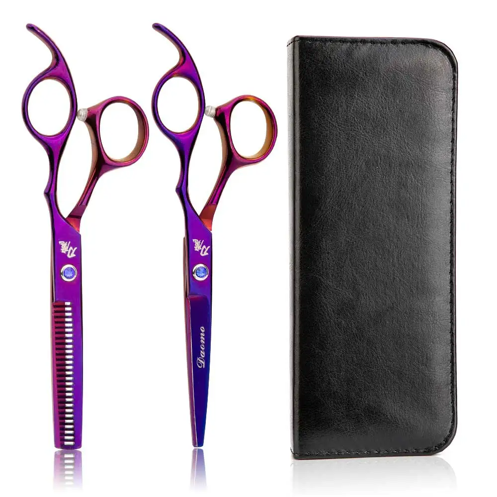 2pcs purple and bag 2 шт./компл. Профессиональный 6 дюймов ножницы для стрижки волос, кожаная сумка Нержавеющая сталь Парикмахерская ножницы истончающие инструменты для парикмахерских - Цвет: 2pcs purple and bag