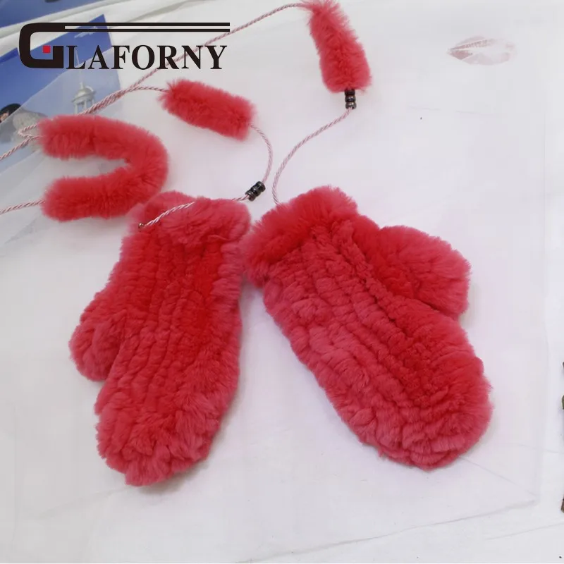 Glaforny 2018 Настоящий мех кролика вязаные зимние теплые перчатки варежки с подвесной