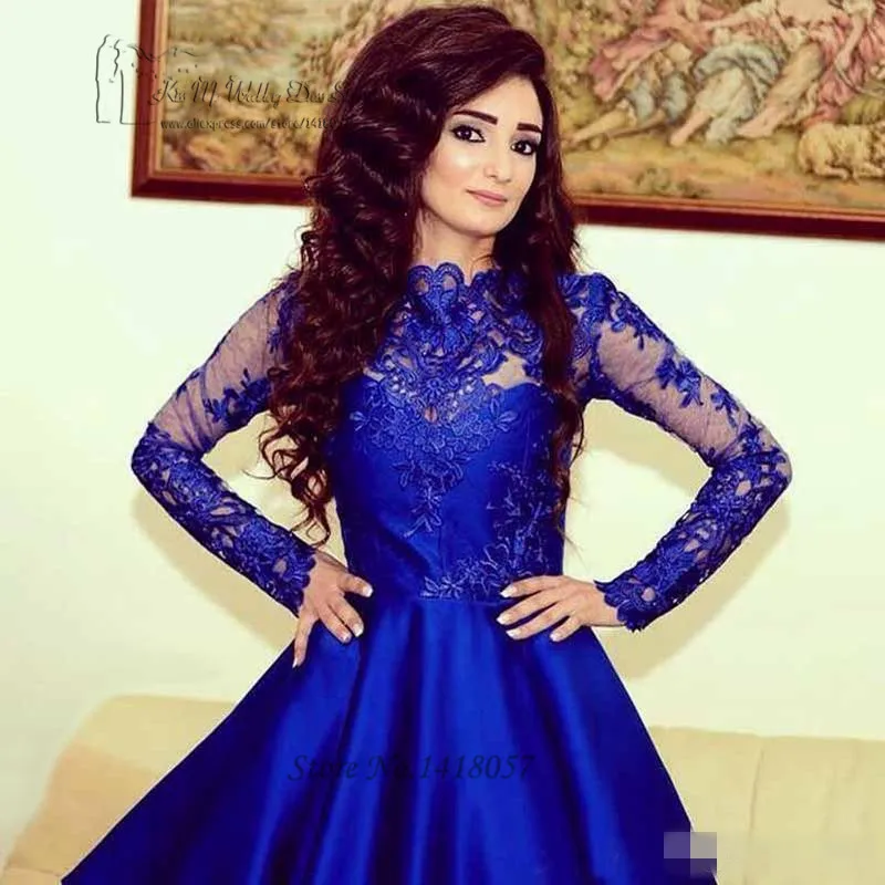 Vestido de Festa Curto ярко-синий длинный рукав кружевные коктейльные платья короткое для вечеринки платье выше колена сексуальное Coctel